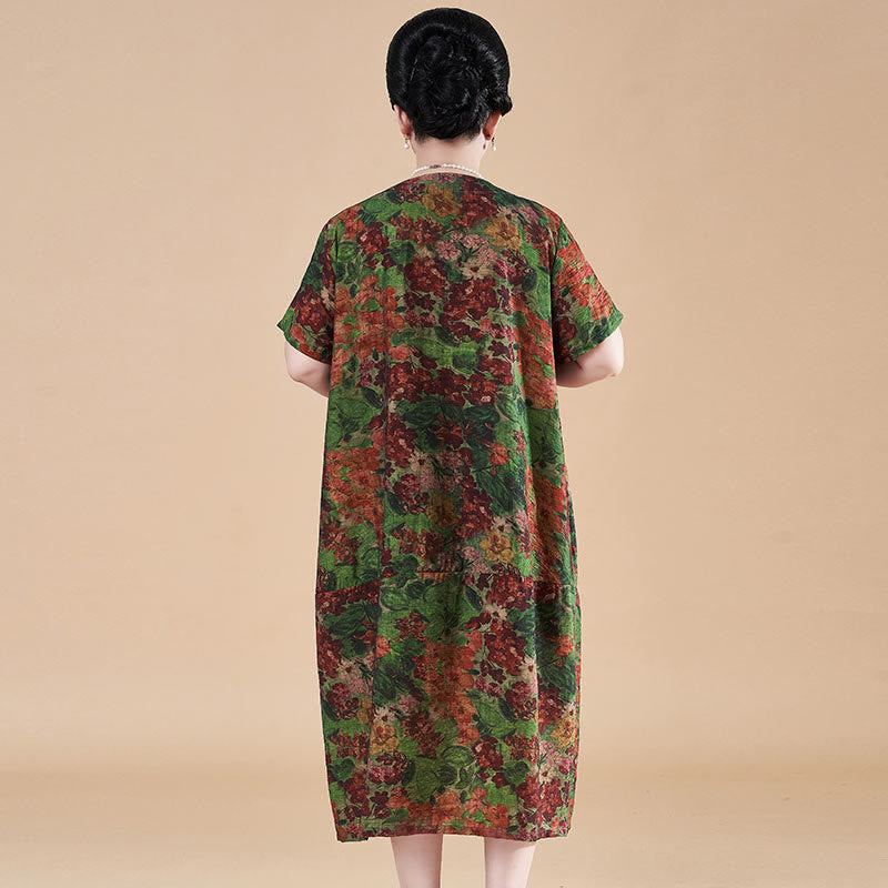 Vestido midi de manga corta con bolsillos y flores rojas y verdes de verano de talla grande con Buddha Stones