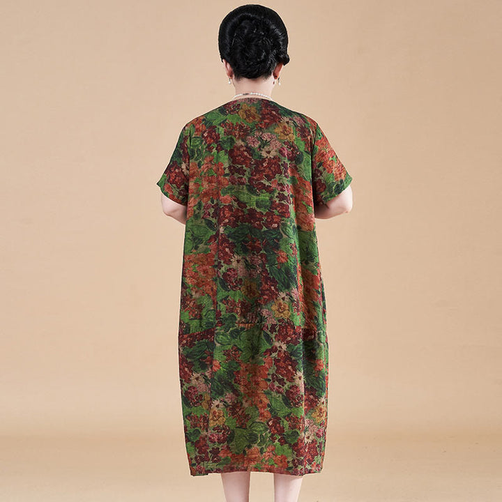 Vestido midi de manga corta con bolsillos y flores rojas y verdes de verano de talla grande con Buddha Stones