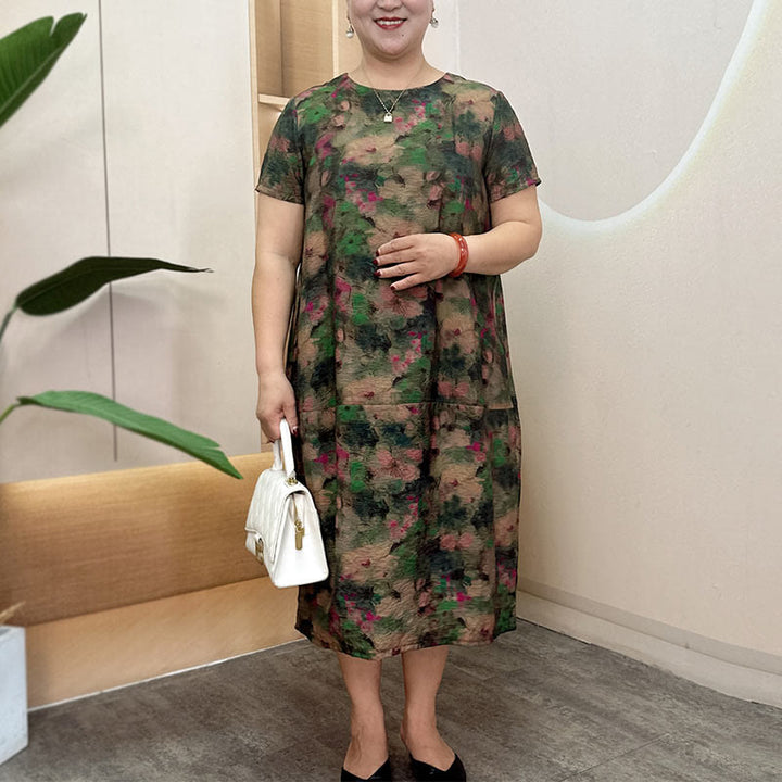 Vestido midi de manga corta con bolsillos y flores rojas y verdes de verano de talla grande con Buddha Stones