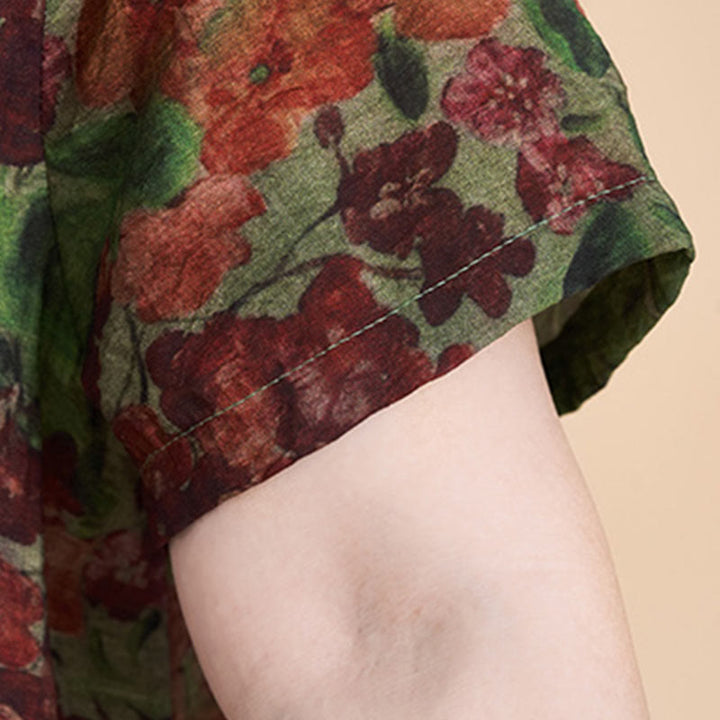 Vestido midi de manga corta con bolsillos y flores rojas y verdes de verano de talla grande con Buddha Stones