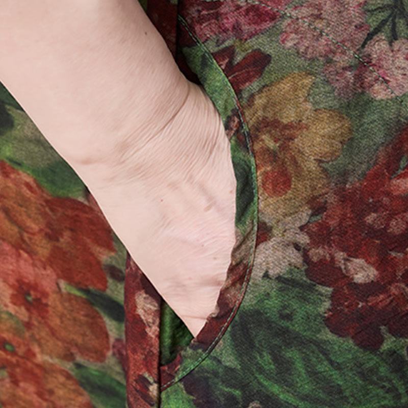 Vestido midi de manga corta con bolsillos y flores rojas y verdes de verano de talla grande con Buddha Stones