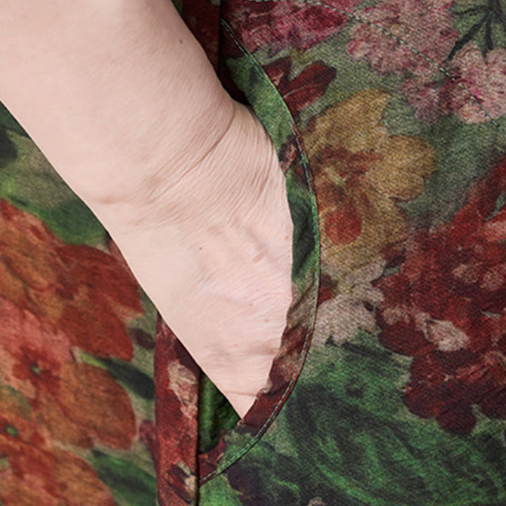 Vestido midi de manga corta con bolsillos y flores rojas y verdes de verano de talla grande con Buddha Stones