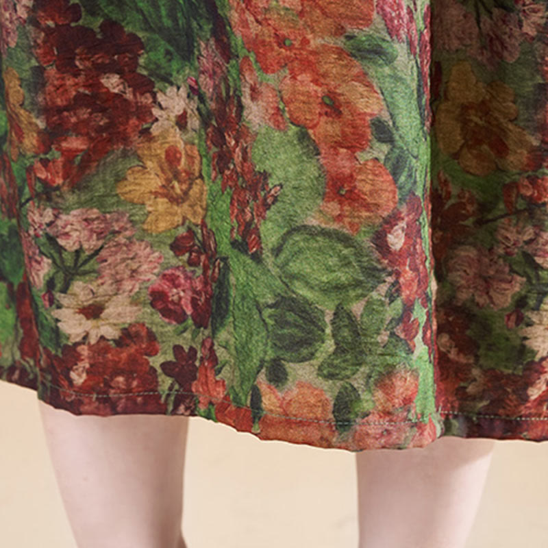 Vestido midi de manga corta con bolsillos y flores rojas y verdes de verano de talla grande con Buddha Stones