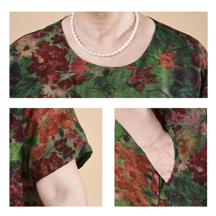 Vestido midi de manga corta con bolsillos y flores rojas y verdes de verano de talla grande con Buddha Stones