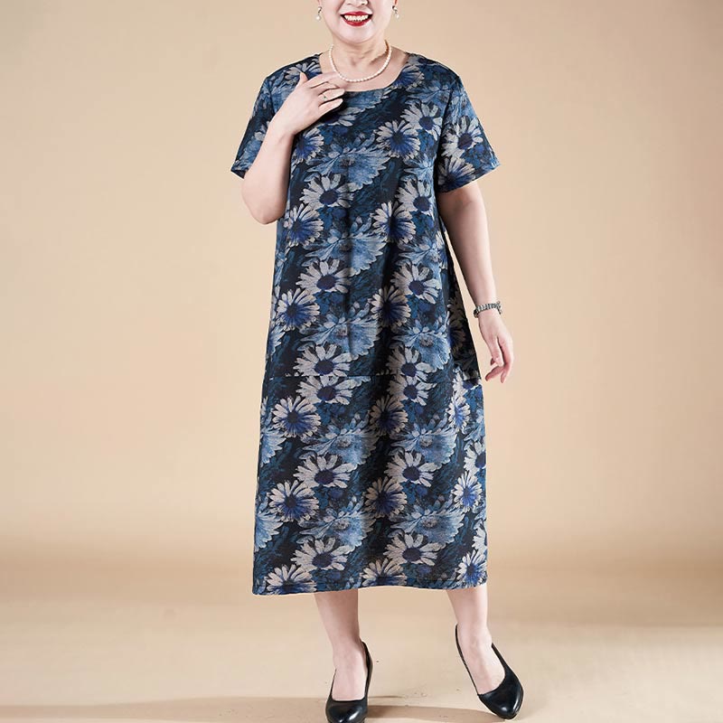 Vestido midi de manga corta con bolsillos y girasoles de verano de talla grande de Buddha Stones