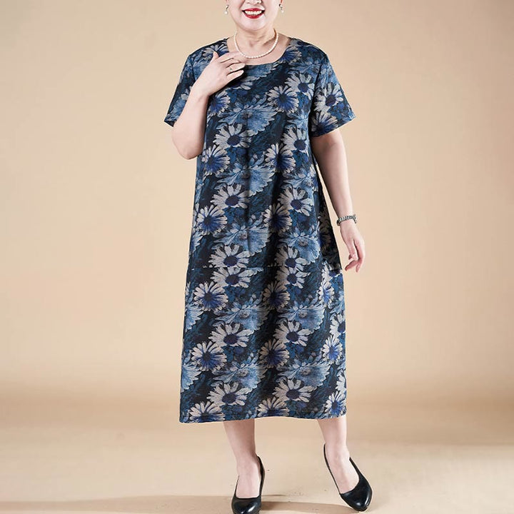 Vestido midi de manga corta con bolsillos y girasoles de verano de talla grande de Buddha Stones