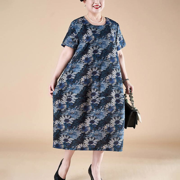 Vestido midi de manga corta con bolsillos y girasoles de verano de talla grande de Buddha Stones