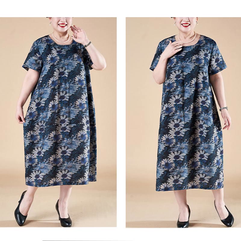 Vestido midi de manga corta con bolsillos y girasoles de verano de talla grande de Buddha Stones