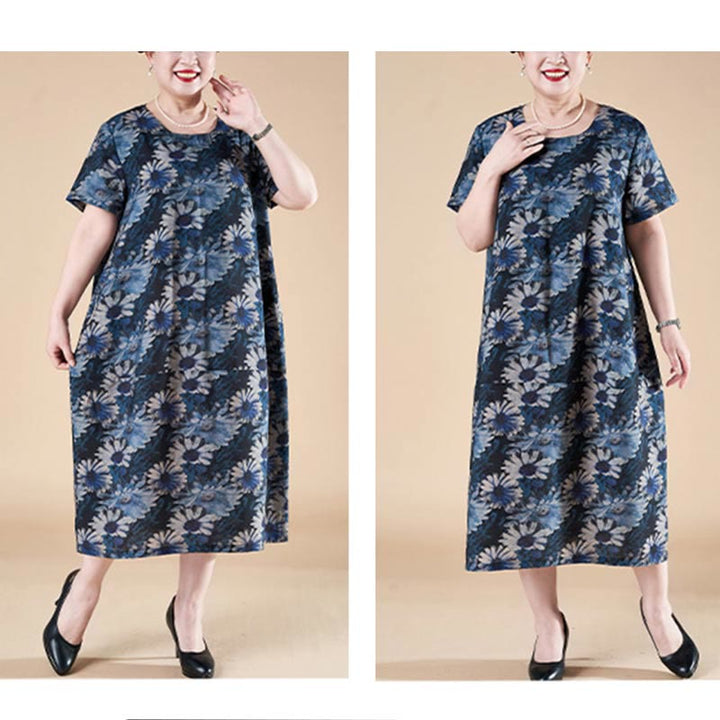 Vestido midi de manga corta con bolsillos y girasoles de verano de talla grande de Buddha Stones