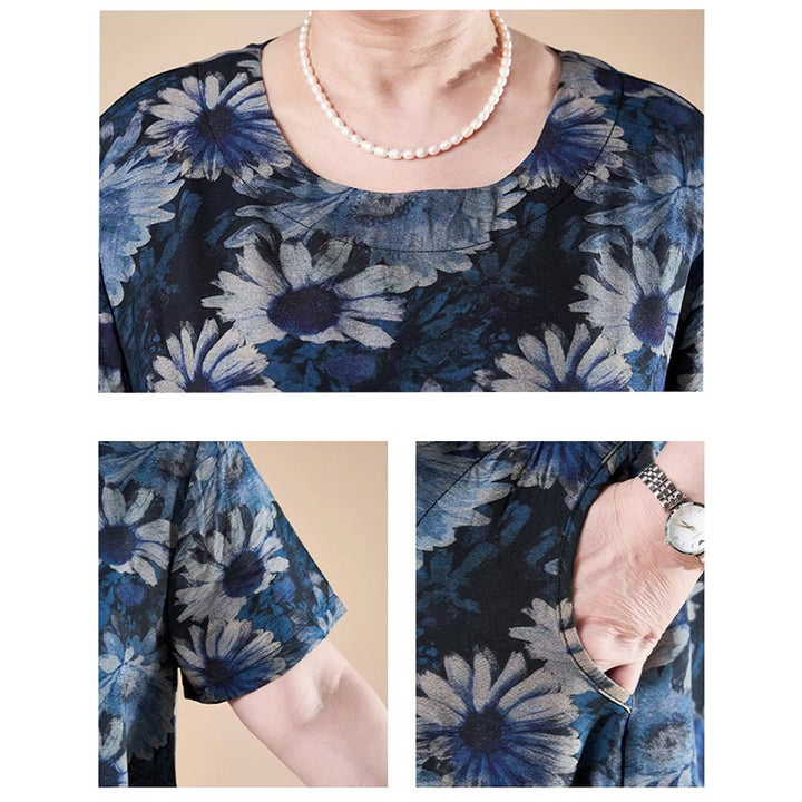 Vestido midi de manga corta con bolsillos y girasoles de verano de talla grande de Buddha Stones