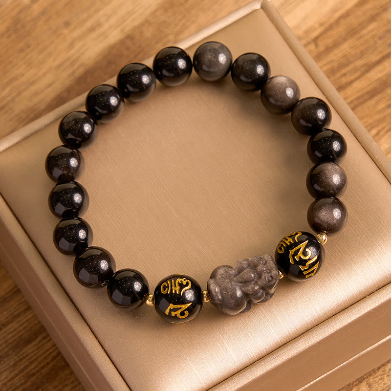 Buddha Stones Pulsera de protección Pixiu Om Mani Padme Hum con obsidiana negra y brillo plateado natural - image 1