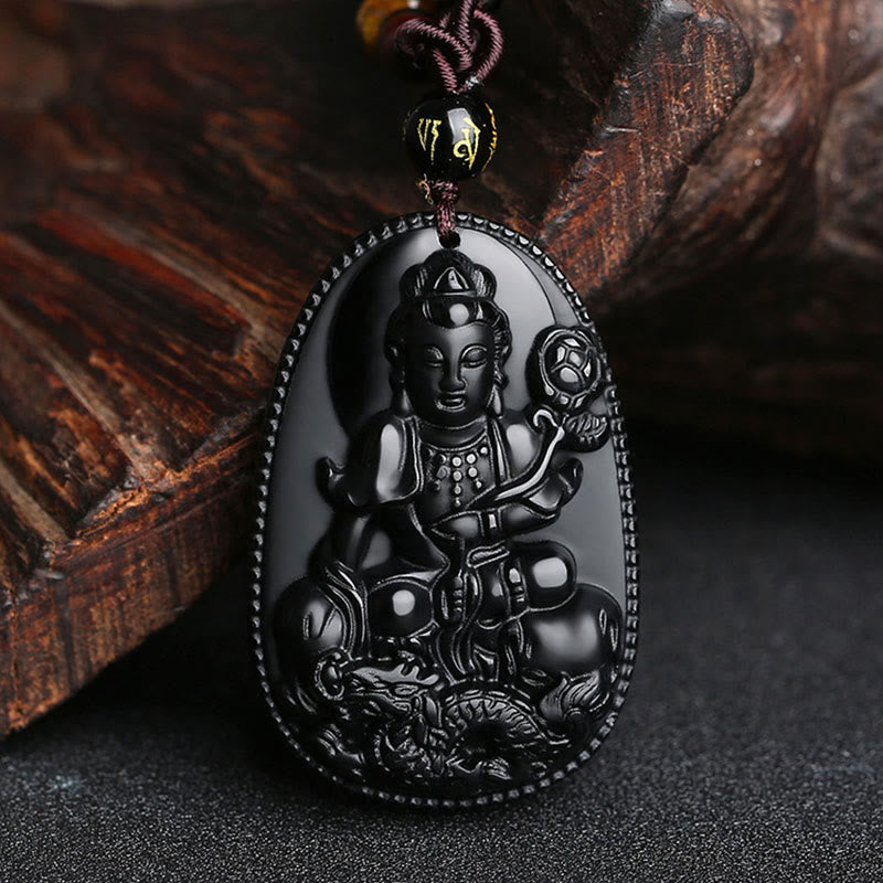 Colgante de collar de purificación de obsidiana negra natural de Buda natal del zodiaco chino de Buddha Stones - Bodhisattva Dragón-Samantabhadra - image 17