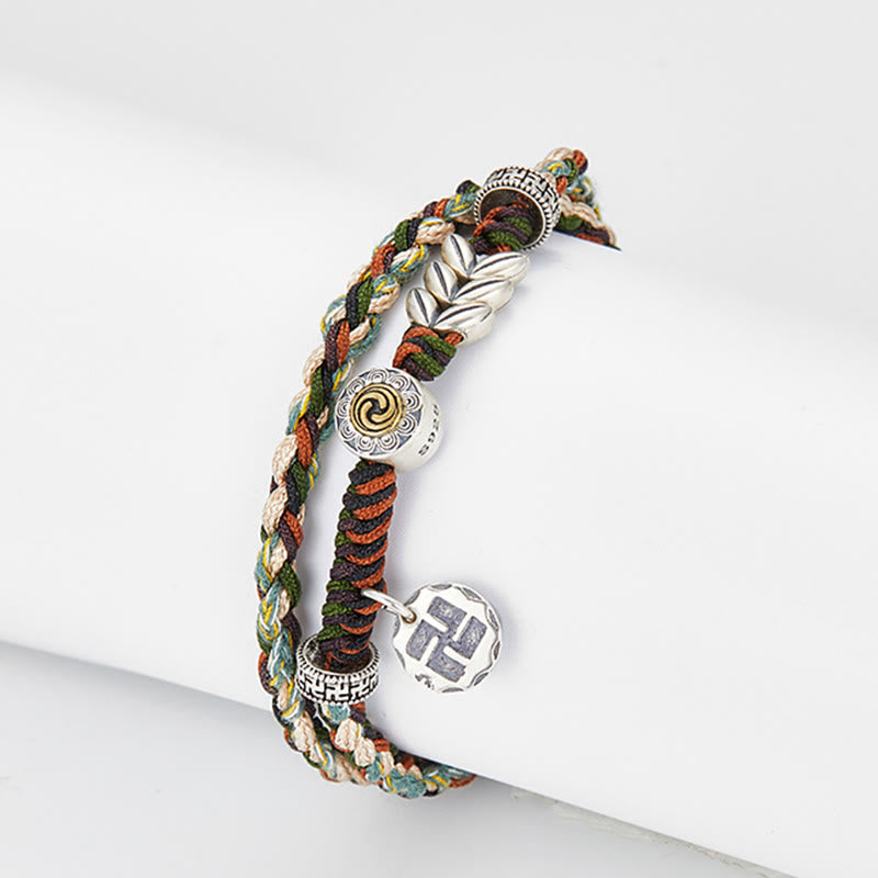 Pulsera de la suerte hecha a mano con patrón de trigo y esvástica de plata de ley 925 con Buddha Stones