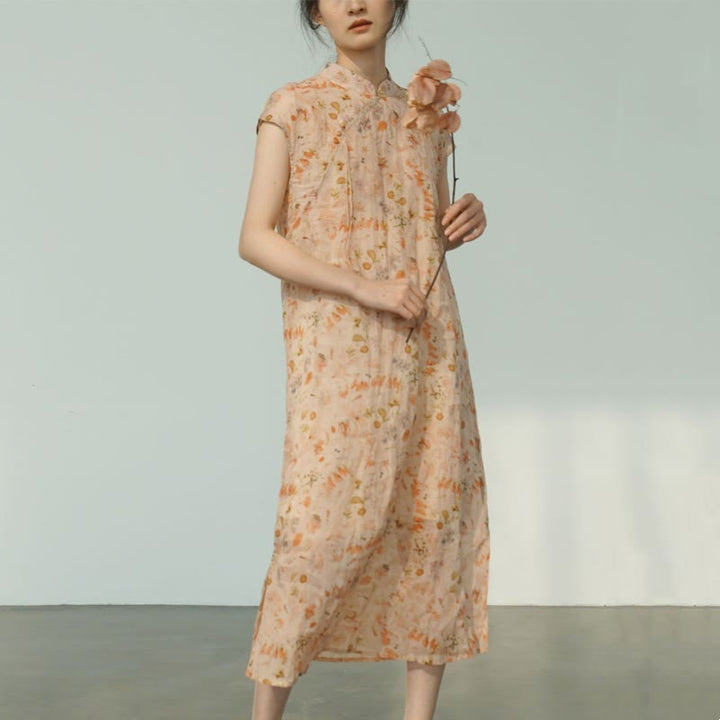 Vestido midi cheongsam con estampado de flores rosas y olas del océano en verde y Buddha Stones Vestido de manga corta