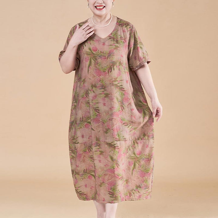 Vestido midi de lino y algodón de manga corta con flores y cuello en V de talla grande con bolsillos de Buddha Stones