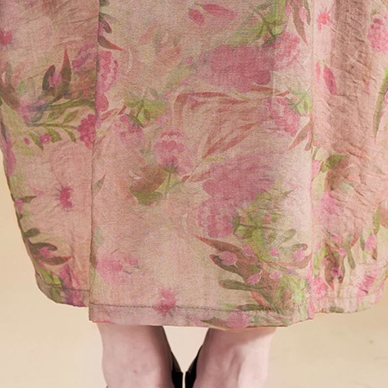 Vestido midi de lino y algodón de manga corta con flores y cuello en V de talla grande con bolsillos de Buddha Stones