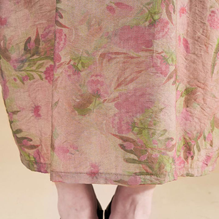 Vestido midi de lino y algodón de manga corta con flores y cuello en V de talla grande con bolsillos de Buddha Stones