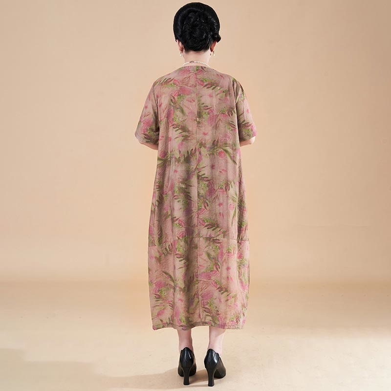 Vestido midi de lino y algodón de manga corta con flores y cuello en V de talla grande con bolsillos de Buddha Stones