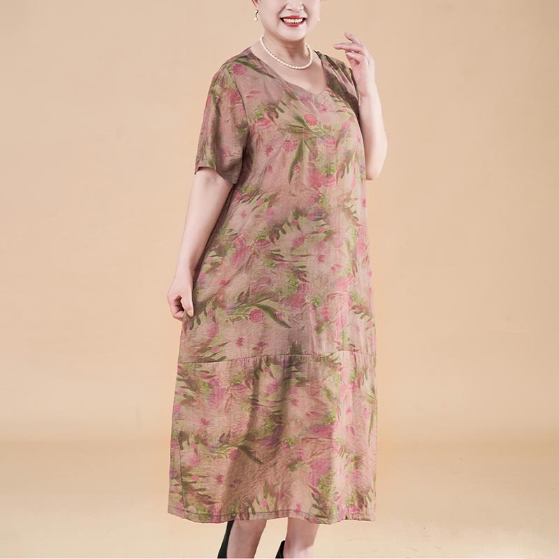 Vestido midi de lino y algodón de manga corta con flores y cuello en V de talla grande con bolsillos de Buddha Stones