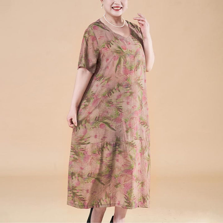 Vestido midi de lino y algodón de manga corta con flores y cuello en V de talla grande con bolsillos de Buddha Stones