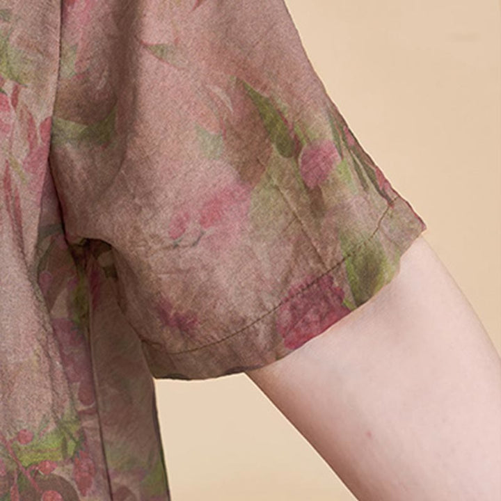 Vestido midi de lino y algodón de manga corta con flores y cuello en V de talla grande con bolsillos de Buddha Stones