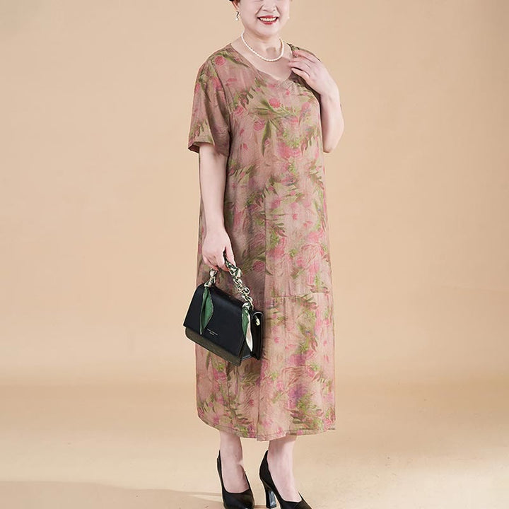 Vestido midi de lino y algodón de manga corta con flores y cuello en V de talla grande con bolsillos de Buddha Stones