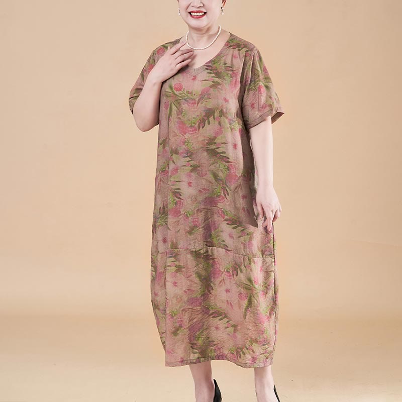 Vestido midi de lino y algodón de manga corta con flores y cuello en V de talla grande con bolsillos de Buddha Stones