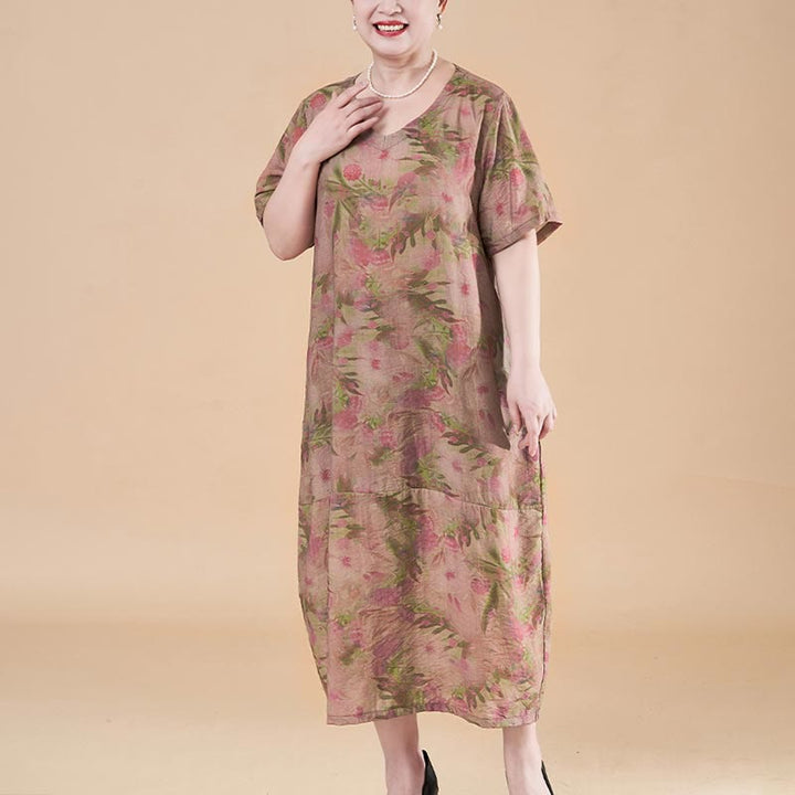 Vestido midi de lino y algodón de manga corta con flores y cuello en V de talla grande con bolsillos de Buddha Stones