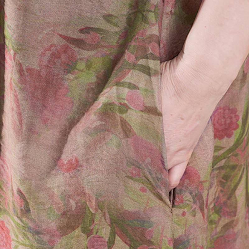 Vestido midi de lino y algodón de manga corta con flores y cuello en V de talla grande con bolsillos de Buddha Stones