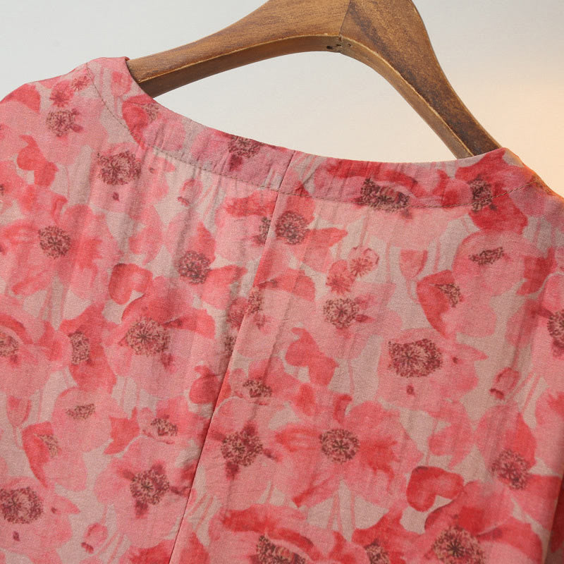 Vestido midi de lino y algodón de manga corta con flores y cuello en V de talla grande con bolsillos de Buddha Stones