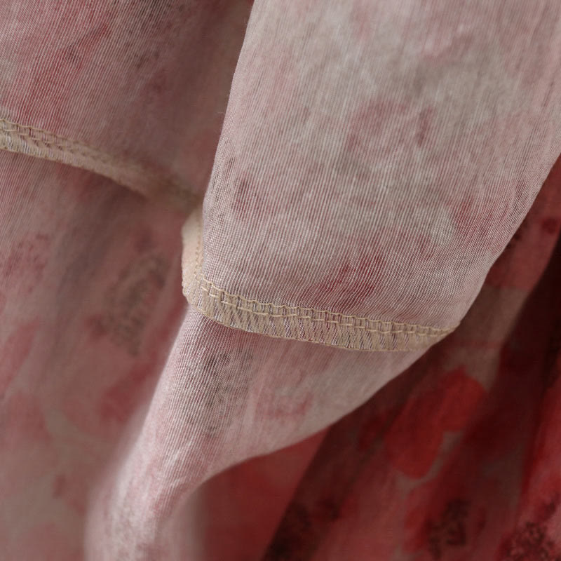 Vestido midi de lino y algodón de manga corta con flores y cuello en V de talla grande con bolsillos de Buddha Stones