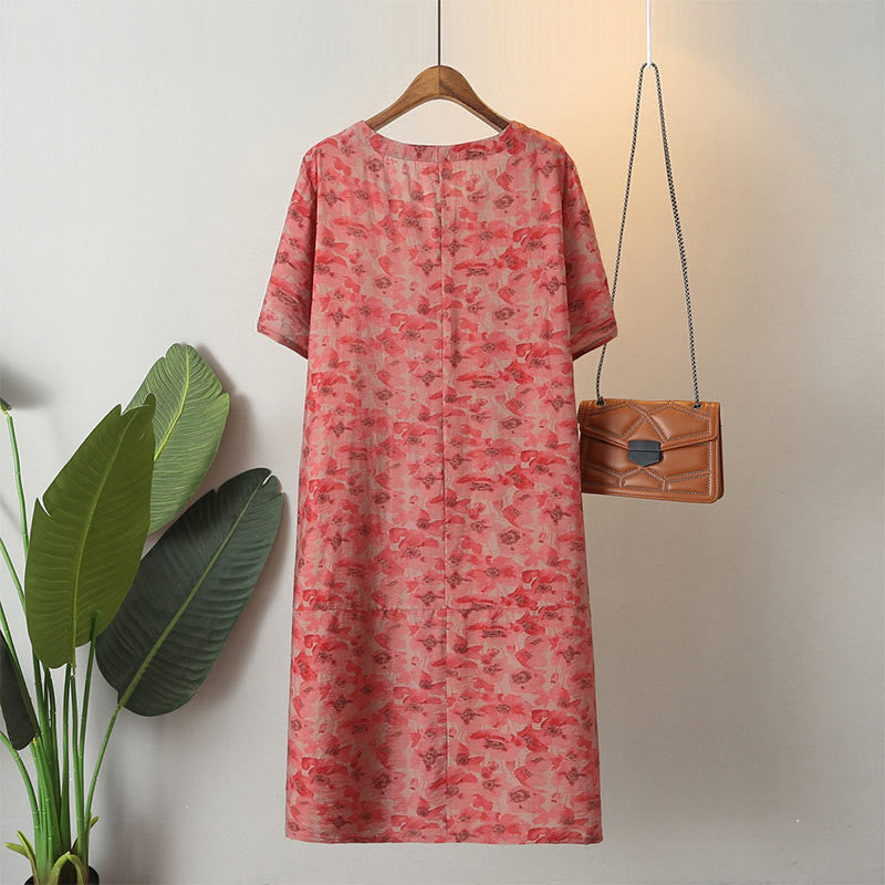 Vestido midi de lino y algodón de manga corta con flores y cuello en V de talla grande con bolsillos de Buddha Stones