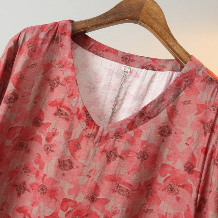 Vestido midi de lino y algodón de manga corta con flores y cuello en V de talla grande con bolsillos de Buddha Stones