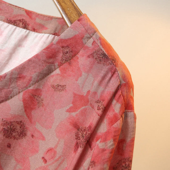 Vestido midi de lino y algodón de manga corta con flores y cuello en V de talla grande con bolsillos de Buddha Stones