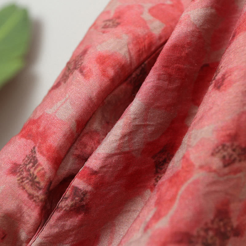 Vestido midi de lino y algodón de manga corta con flores y cuello en V de talla grande con bolsillos de Buddha Stones