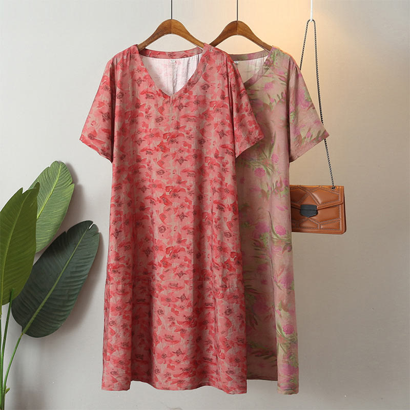 Vestido midi de lino y algodón de manga corta con flores y cuello en V de talla grande con bolsillos de Buddha Stones