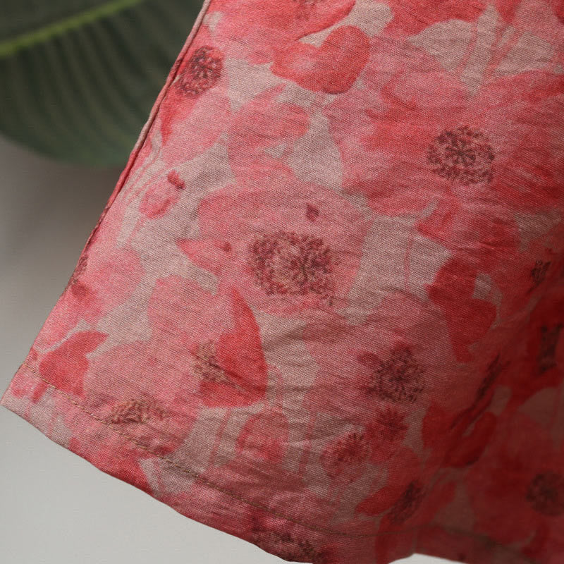 Vestido midi de lino y algodón de manga corta con flores y cuello en V de talla grande con bolsillos de Buddha Stones