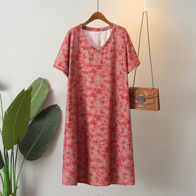 Vestido midi de lino y algodón de manga corta con flores y cuello en V de talla grande con bolsillos de Buddha Stones