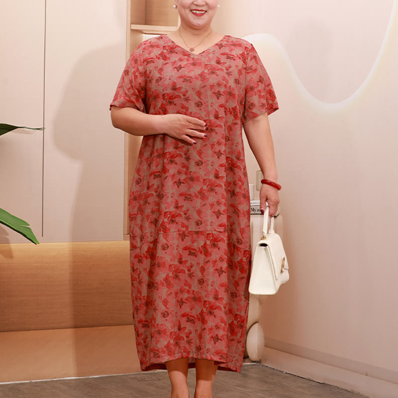Vestido midi de lino y algodón de manga corta con flores y cuello en V de talla grande con bolsillos de Buddha Stones