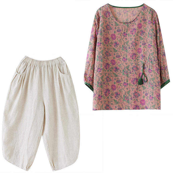 Buddha Stones - Conjunto de 2 piezas de camiseta con flores pequeñas, pantalones harén de lino y algodón