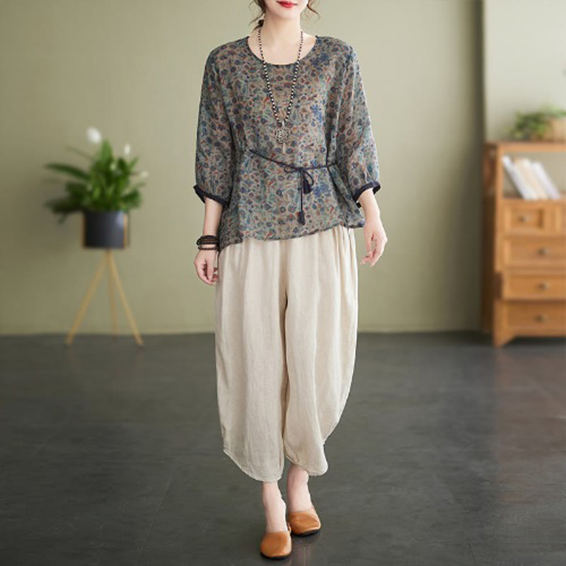 Buddha Stones - Conjunto de 2 piezas de camiseta con flores pequeñas, pantalones harén de lino y algodón