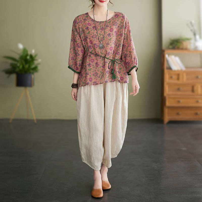 Buddha Stones - Conjunto de 2 piezas de camiseta con flores pequeñas, pantalones harén de lino y algodón