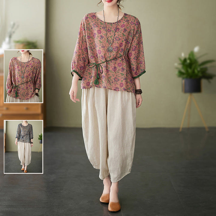 Buddha Stones - Conjunto de 2 piezas de camiseta con flores pequeñas, pantalones harén de lino y algodón