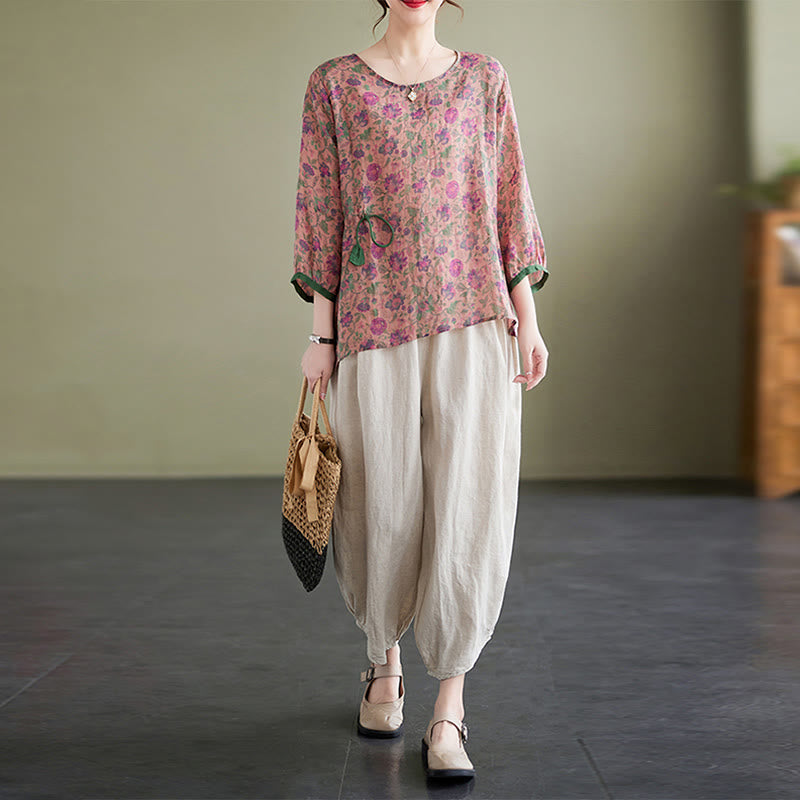 Buddha Stones - Conjunto de 2 piezas de camiseta con flores pequeñas, pantalones harén de lino y algodón