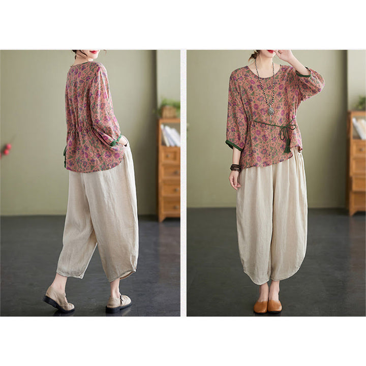 Buddha Stones - Conjunto de 2 piezas de camiseta con flores pequeñas, pantalones harén de lino y algodón