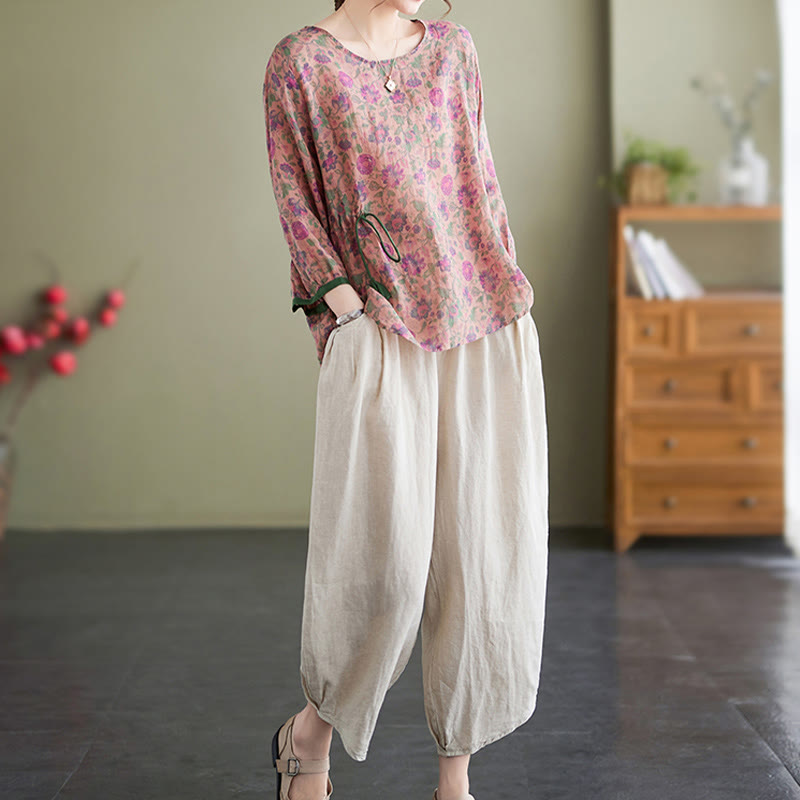 Buddha Stones - Conjunto de 2 piezas de camiseta con flores pequeñas, pantalones harén de lino y algodón