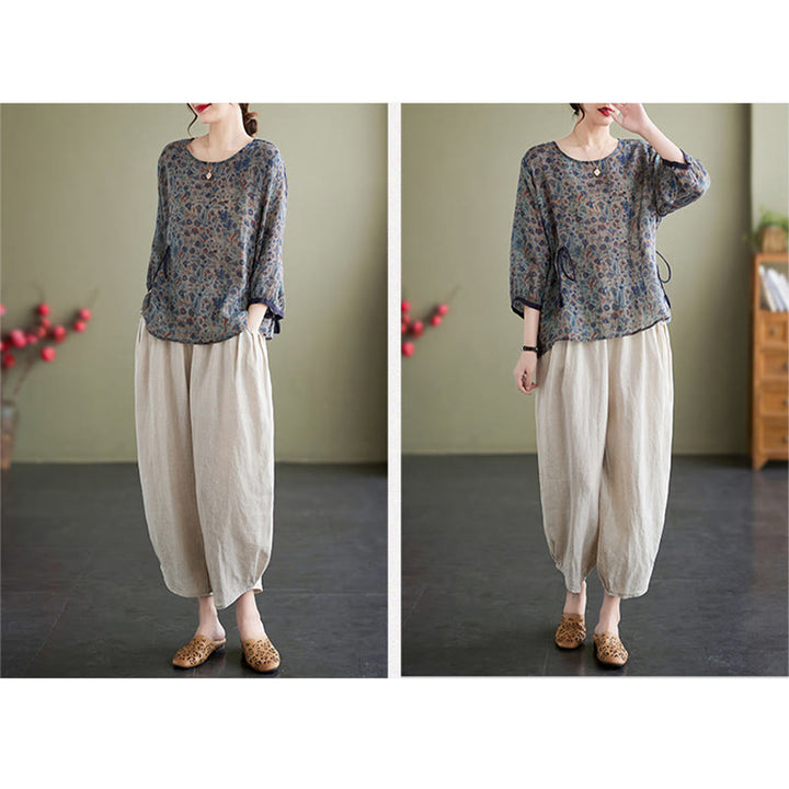 Buddha Stones - Conjunto de 2 piezas de camiseta con flores pequeñas, pantalones harén de lino y algodón