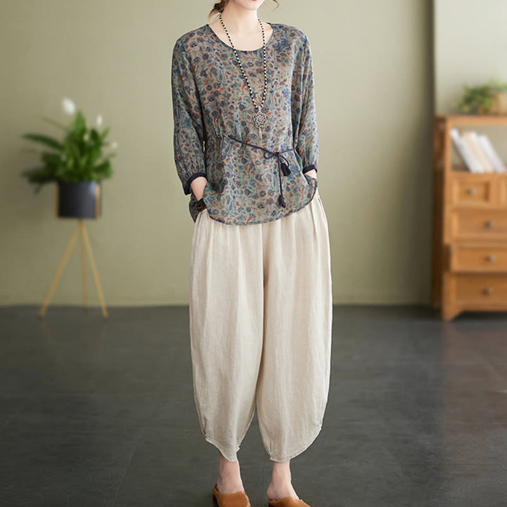 Buddha Stones - Conjunto de 2 piezas de camiseta con flores pequeñas, pantalones harén de lino y algodón