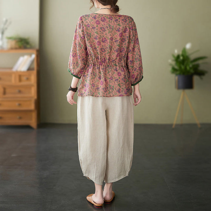 Buddha Stones - Conjunto de 2 piezas de camiseta con flores pequeñas, pantalones harén de lino y algodón