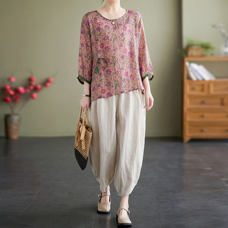 Buddha Stones - Conjunto de 2 piezas de camiseta con flores pequeñas, pantalones harén de lino y algodón
